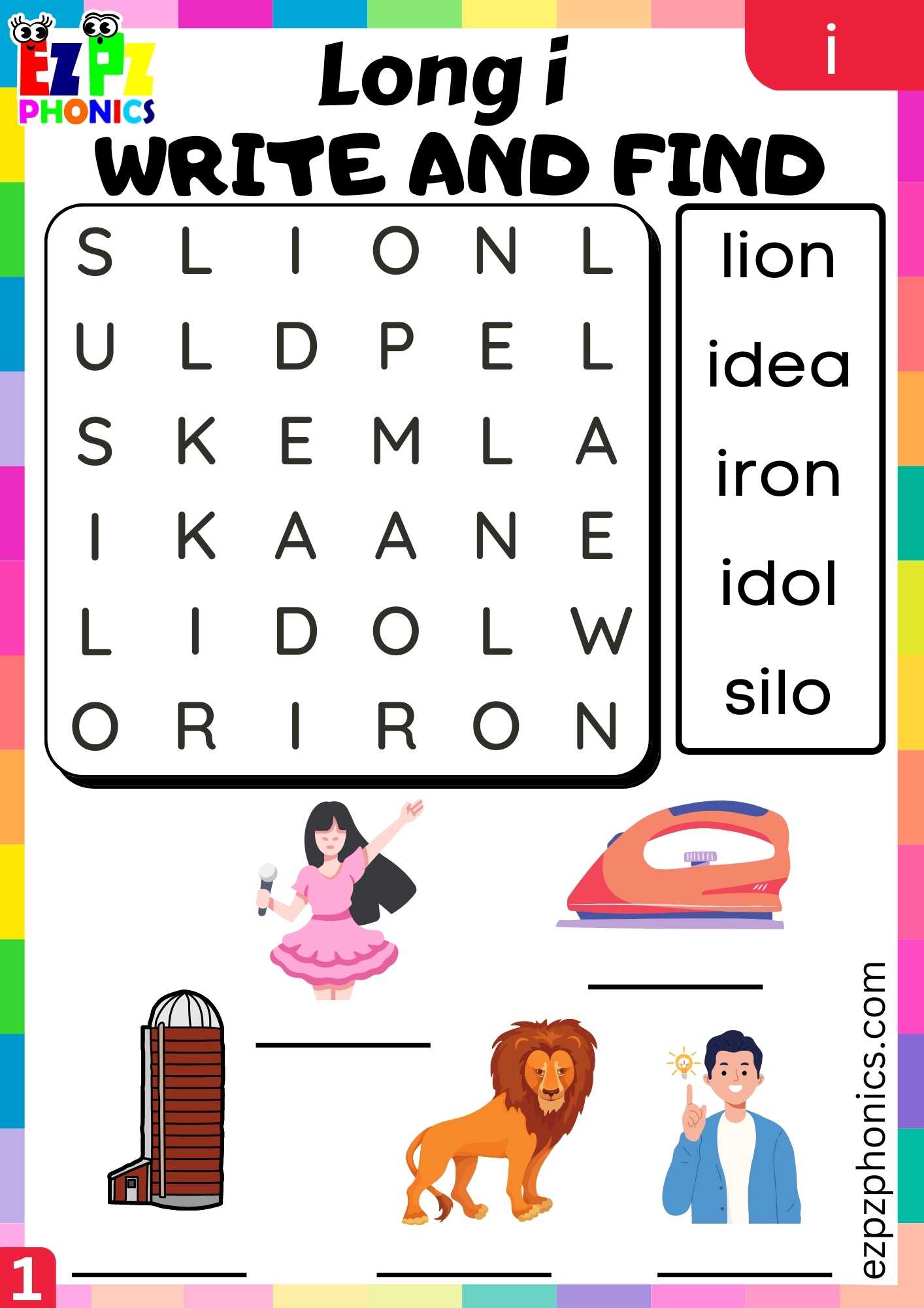 I Words Write And Find Long I Phonics Worksheet